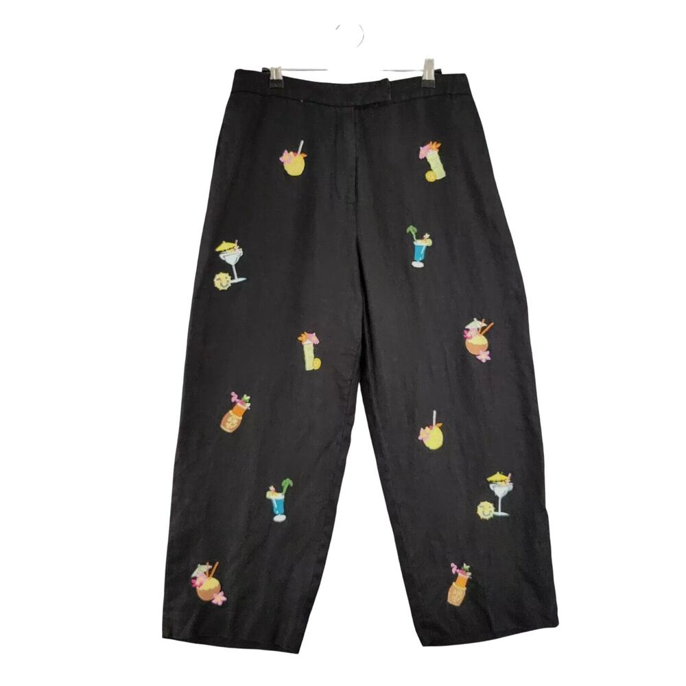 SAINT TROPEZ WEST Black 100% Linen Martini Tiki Embroidered Beachy Pants SIZE 12